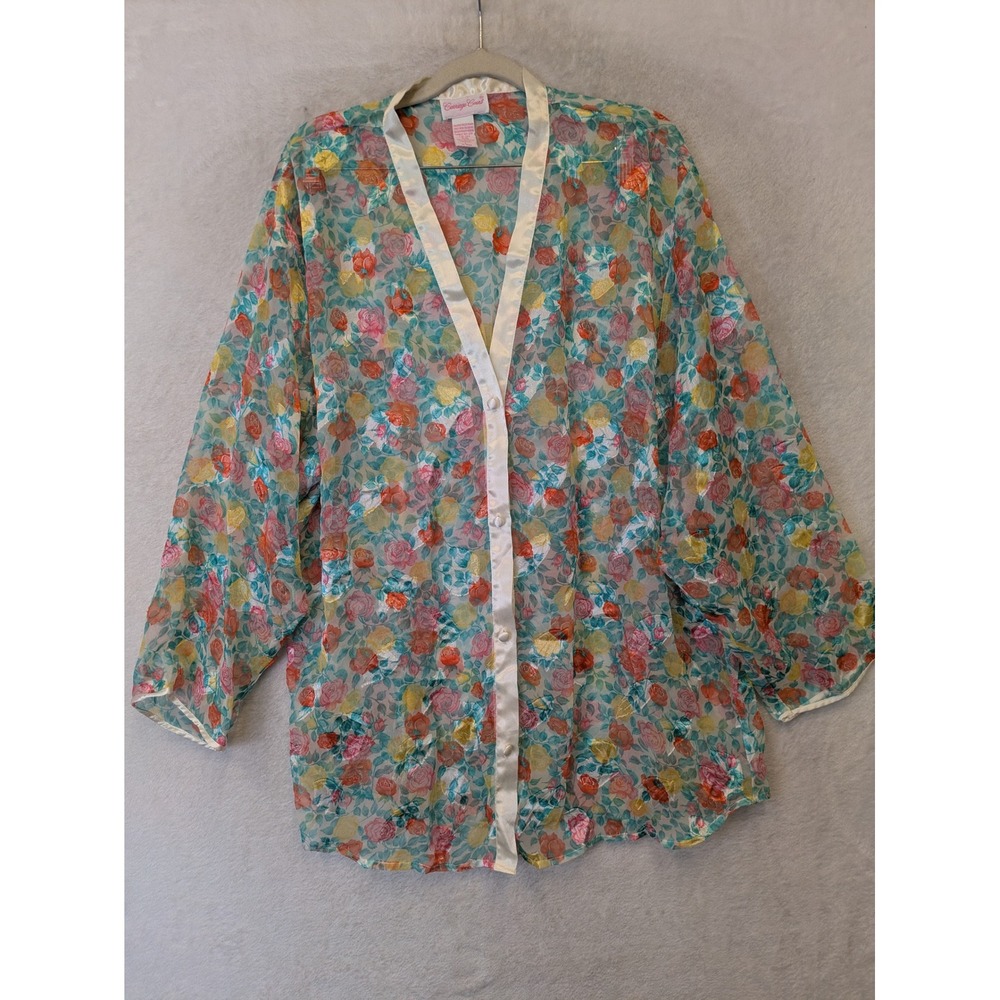 Carriage Court Vintage Womens Large Multicolor Sheer Floral Button Front